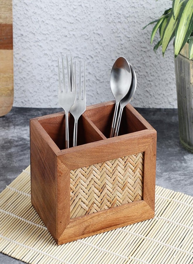 VarEesha Hand Crafted Acacia Wood Chatai Two Sections Spoon Holder| Cutlery Holder| Kitchen Caddy | Wooden Cutlery Rack for Kitchen|Wooden Spoon Stand for Diining Table - Image 1